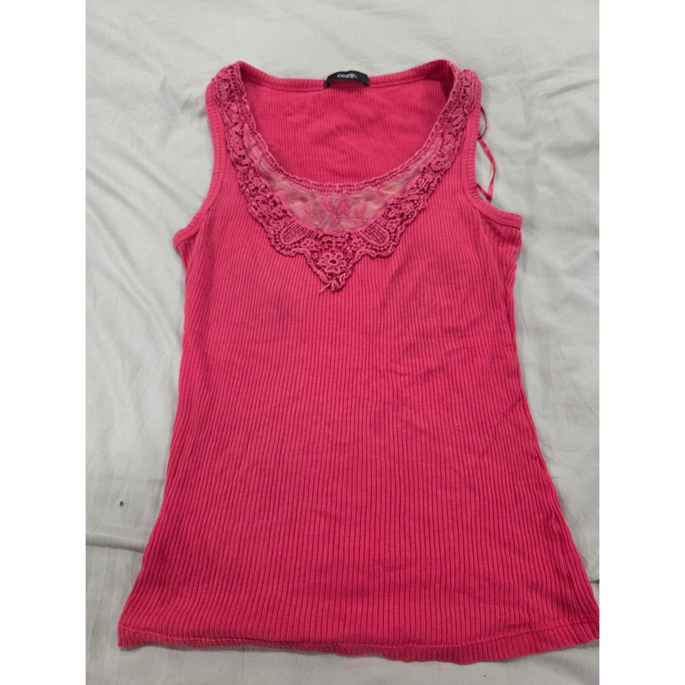 Georges Ribbed Tank Top Lace Trim Pink Sleeveless‎ Women's